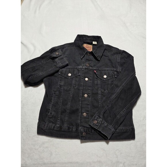 Levis Strauss Denim Jacket Womens Small Petite Black Trucker Button Up Classic - Picture 1 of 10